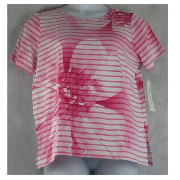 NWT Alfred Dunner Women's Cotton Striped Floral T-Shirt, Pink Flamingo, Small - Picture 1 of 2
